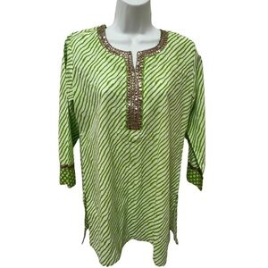 WESTSIDE Women’s Green & White 3/4 Sleeve Blouse with Gold Embroidered Detail, M